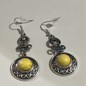 Yellow and Silvertone dangling book style earrings new